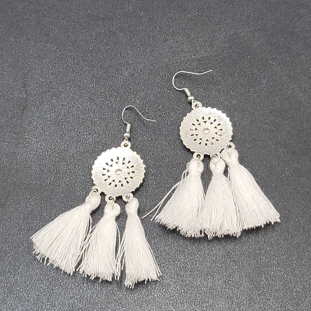 Pierced Earrings Silver tone Enamel Medallion Round Dangle White Tassel 2.5"