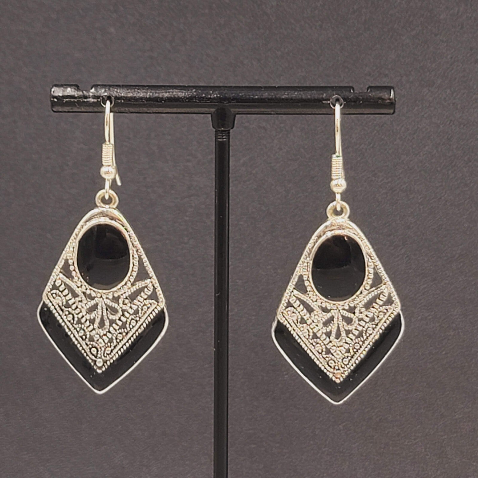 Pierced Earrings Silver tone Dangle Black Enamel Filigree 1.5"