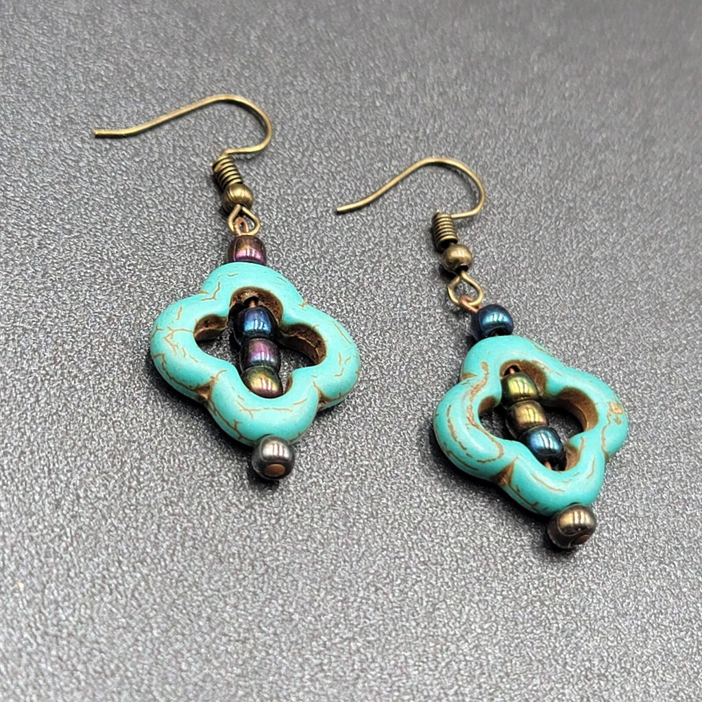 Pierced Earrings Dyed Blue Howlite Open Work Bead Dangle  1 1/8"