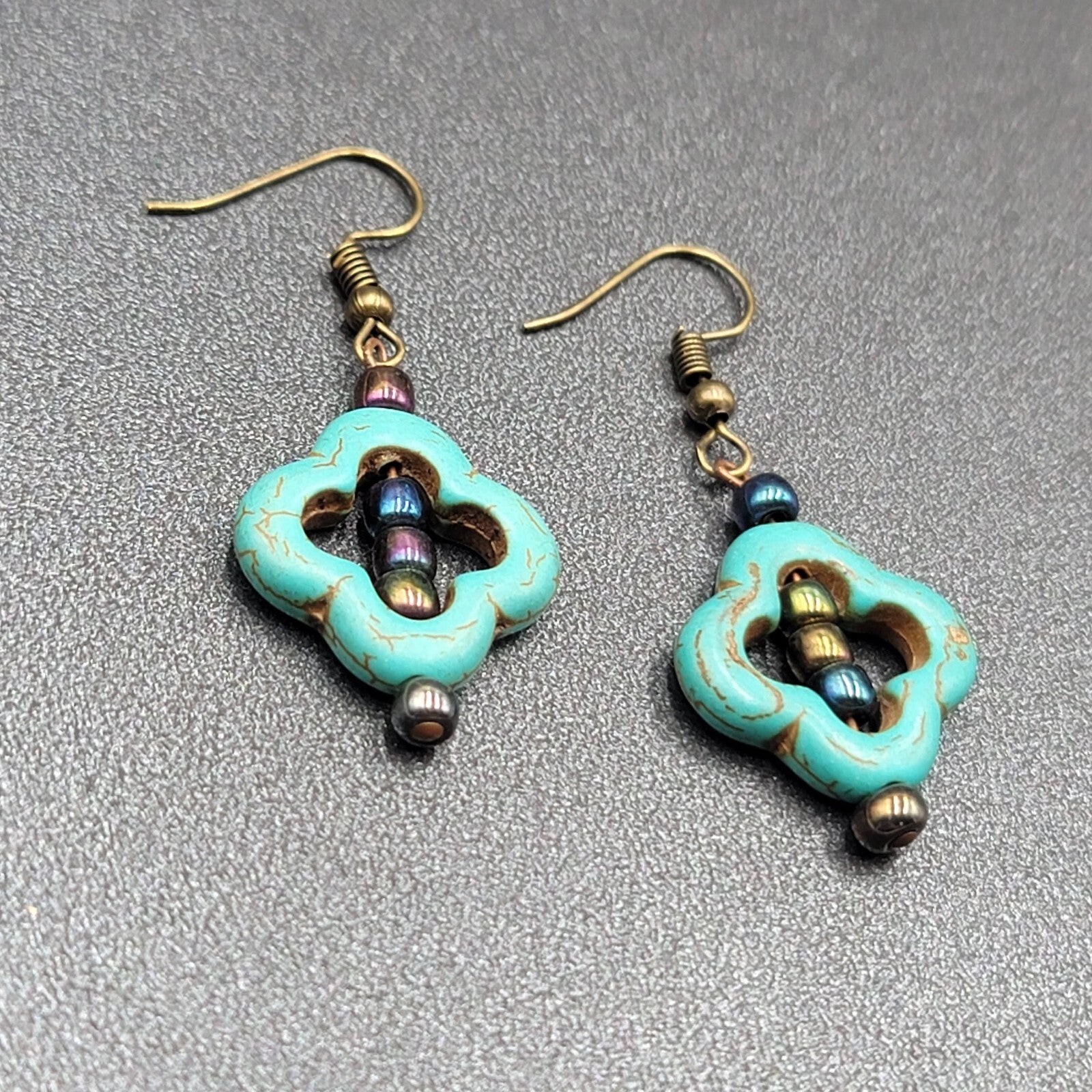 Pierced Earrings Dyed Blue Howlite Open Work Bead Dangle  1 1/8"