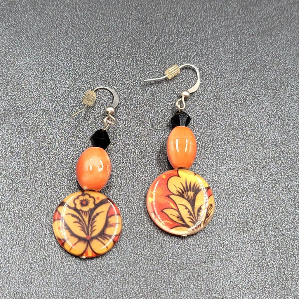 Pierced Earrings Orange Black Beads Flower Mother of Pearl Dangle 1 5/8"