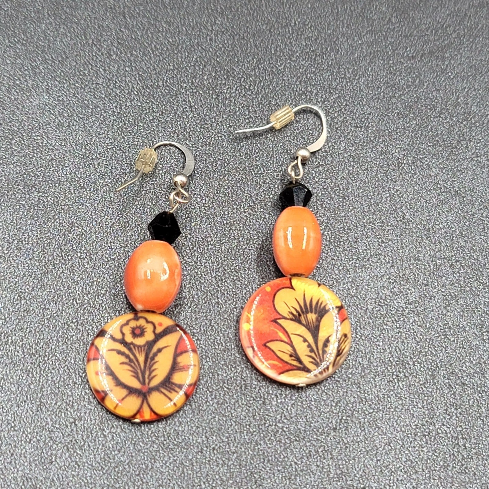 Pierced Earrings Orange Black Beads Flower Mother of Pearl Dangle 1 5/8"