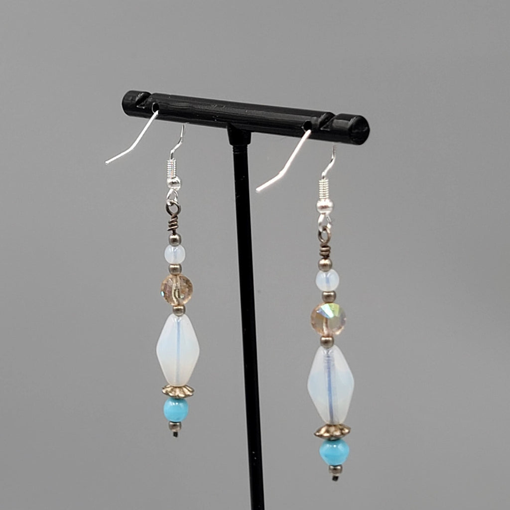 Sterling Silver Pierced Earrings Blue Iridescent Bead Dangle 1.75"