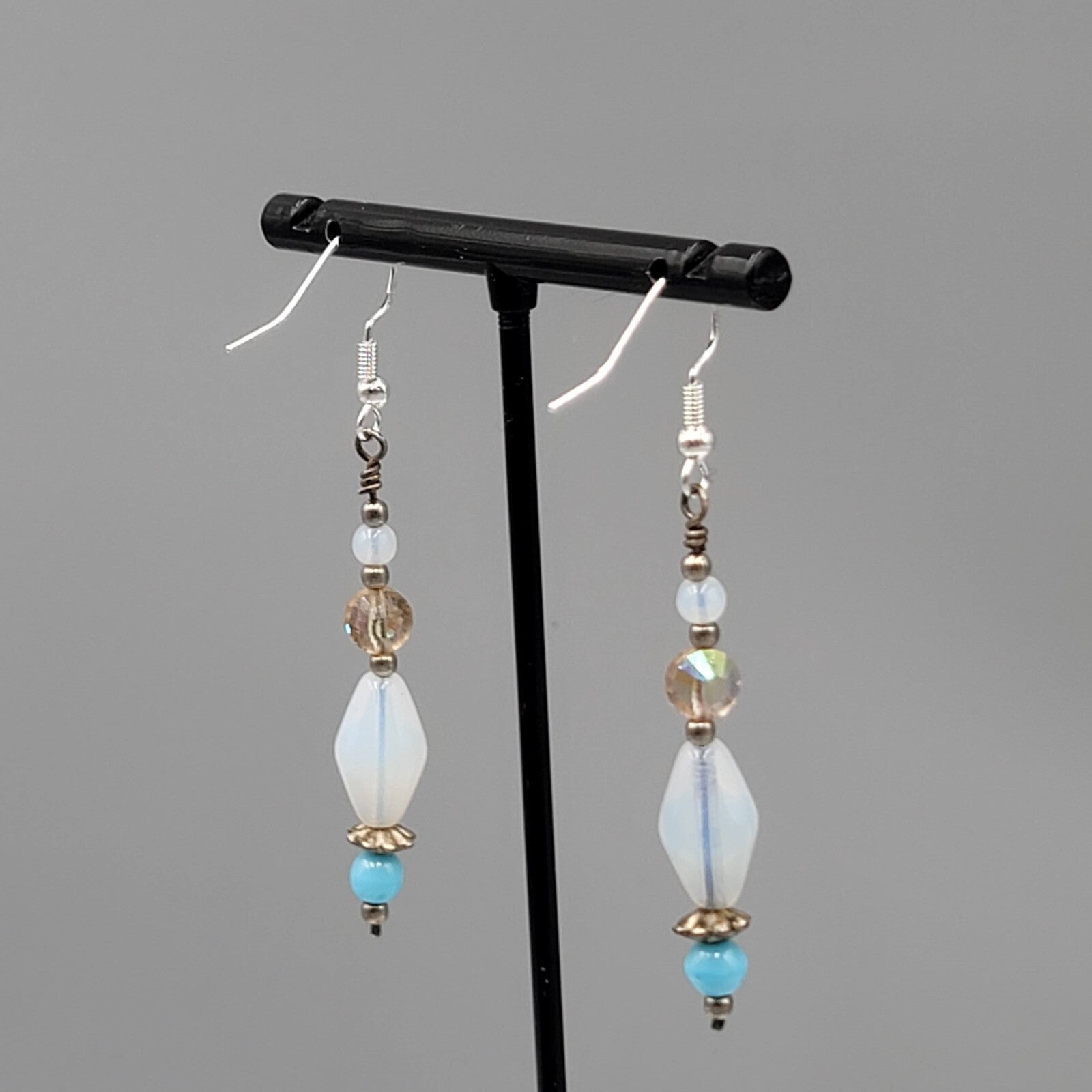 Sterling Silver Pierced Earrings Blue Iridescent Bead Dangle 1.75"