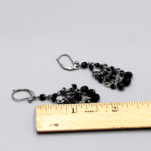 Chandelier Black Bead Pierced Earrings Silver tone Dangle 1.5"