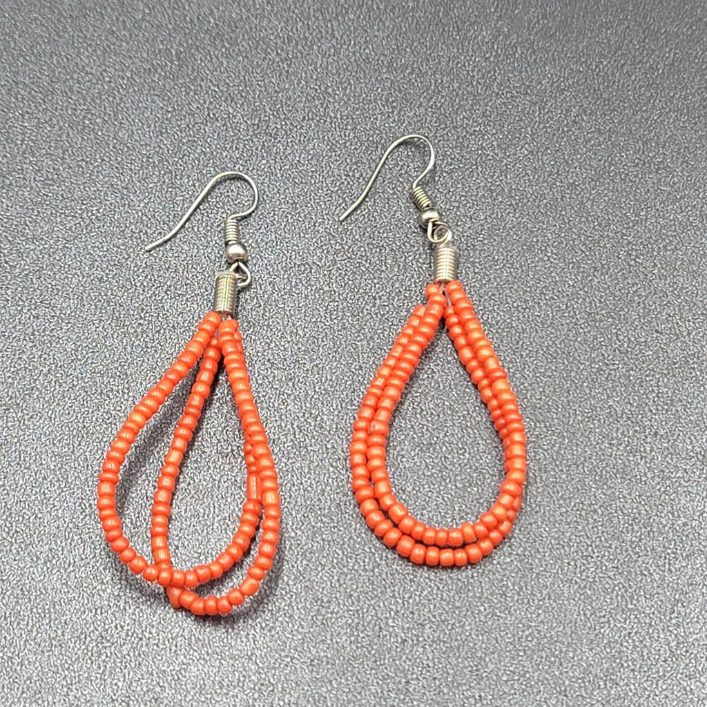 Pierced Earrings Red Seed Bead Double Teardrop Loops Dangle 2"