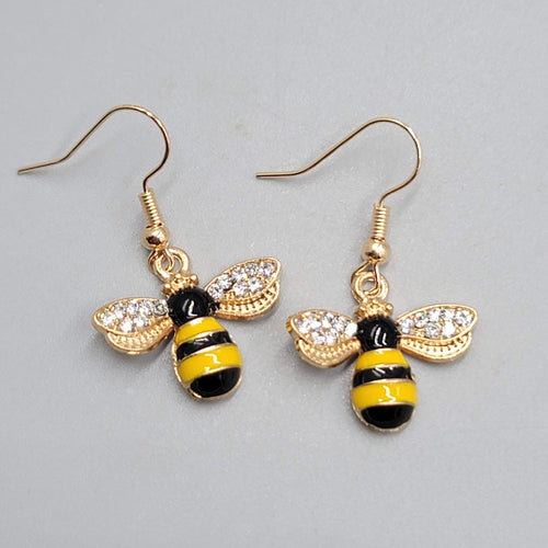 Bumble Bee Pierced Earrings Gold tone Rhinestone Yellow Enamel Dangle New 5/8"