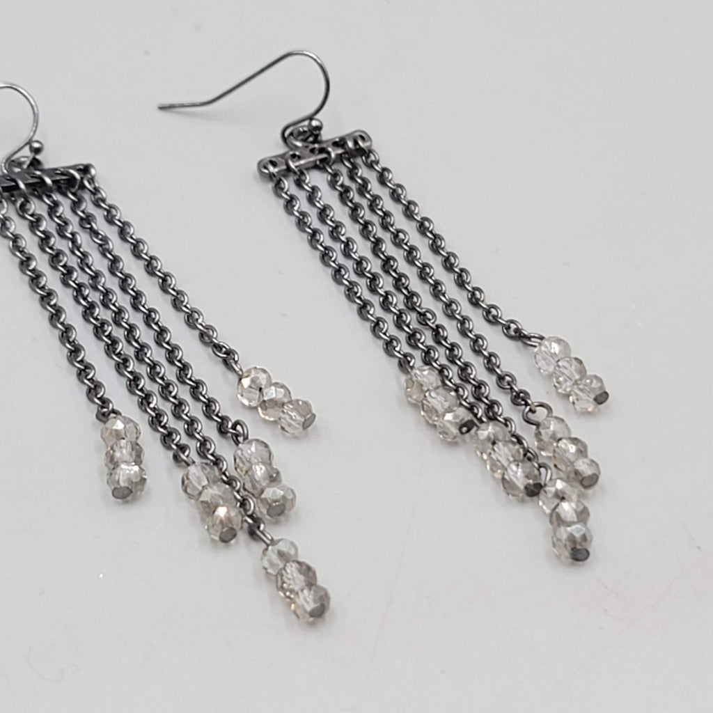 Black Metal Pierced Earrings Long Dangle Chains Beaded 3"