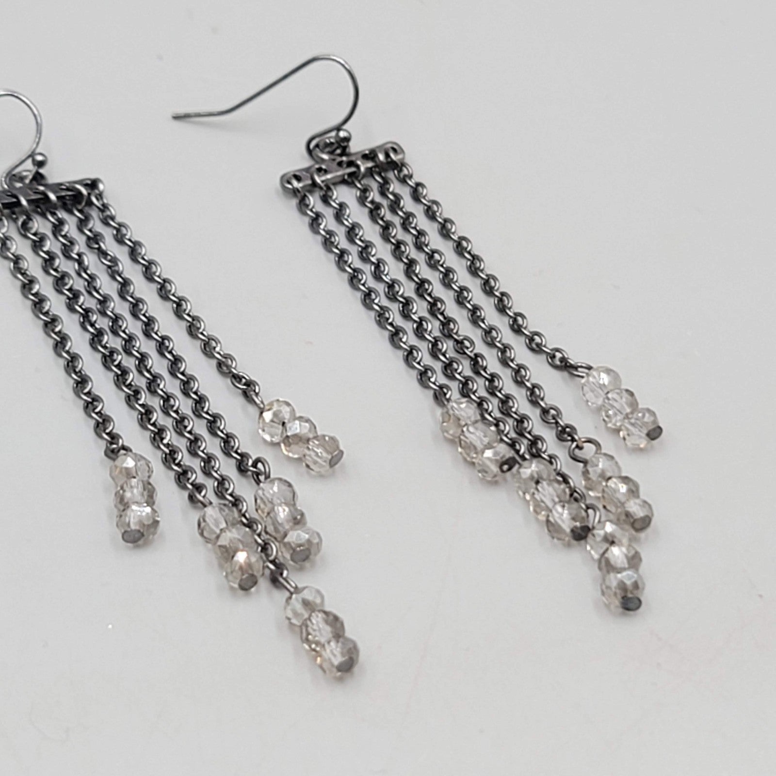 Black Metal Pierced Earrings Long Dangle Chains Beaded 3"