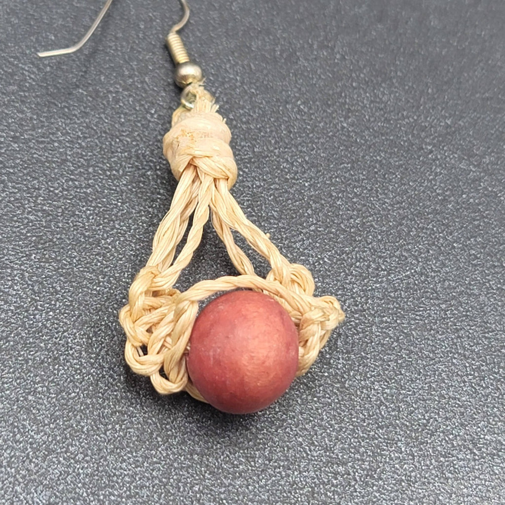 Boho Pierced Earrings Twine Knotted Wood Bead Dangle 1.5"