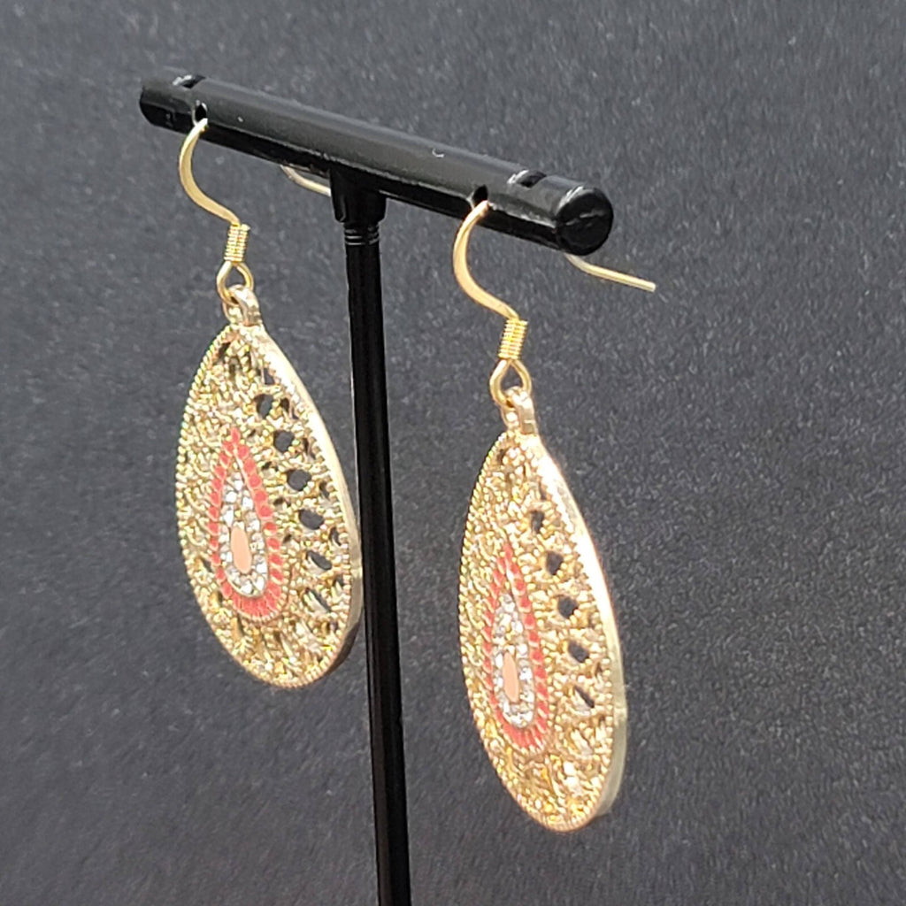 Pierced Earrings Gold tone Teardrop Rhinestone Enamel Dangle 1.25"