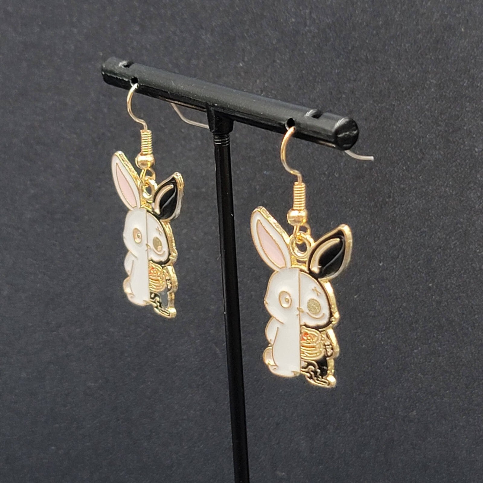 Zombie Rabbit Bunny Pierced Earrings Halloween Half Skeleton Enamel Dangle 1"