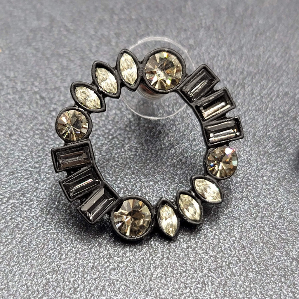 Pierced Earrings Black Circle Clear Gray Rhinestone Wreath 7/8"