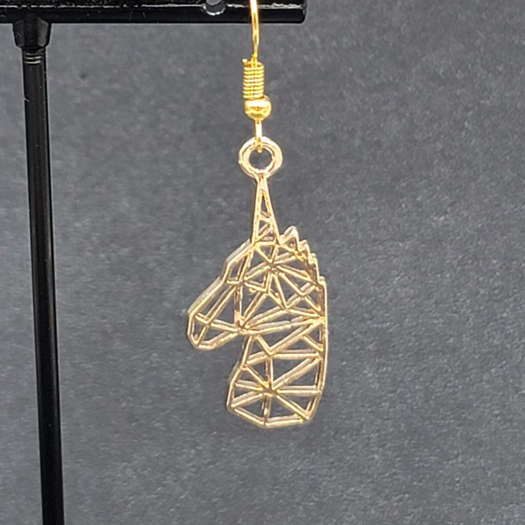 Unicorn Pierced Earrings Gold tone Open Geometric Dangle 1 3/8"