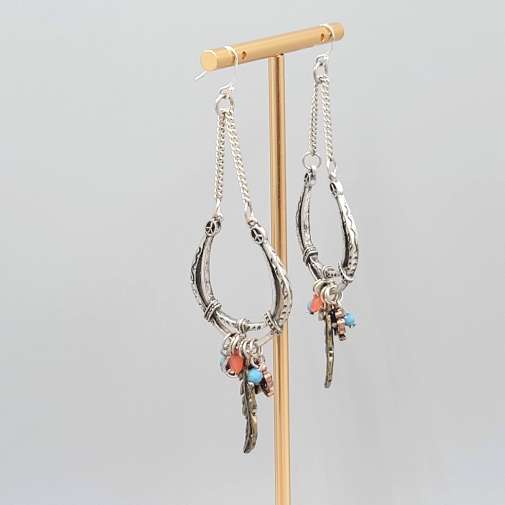 Boho Statement Charm Dangle Pierced Earrings Silver tone 3.5"