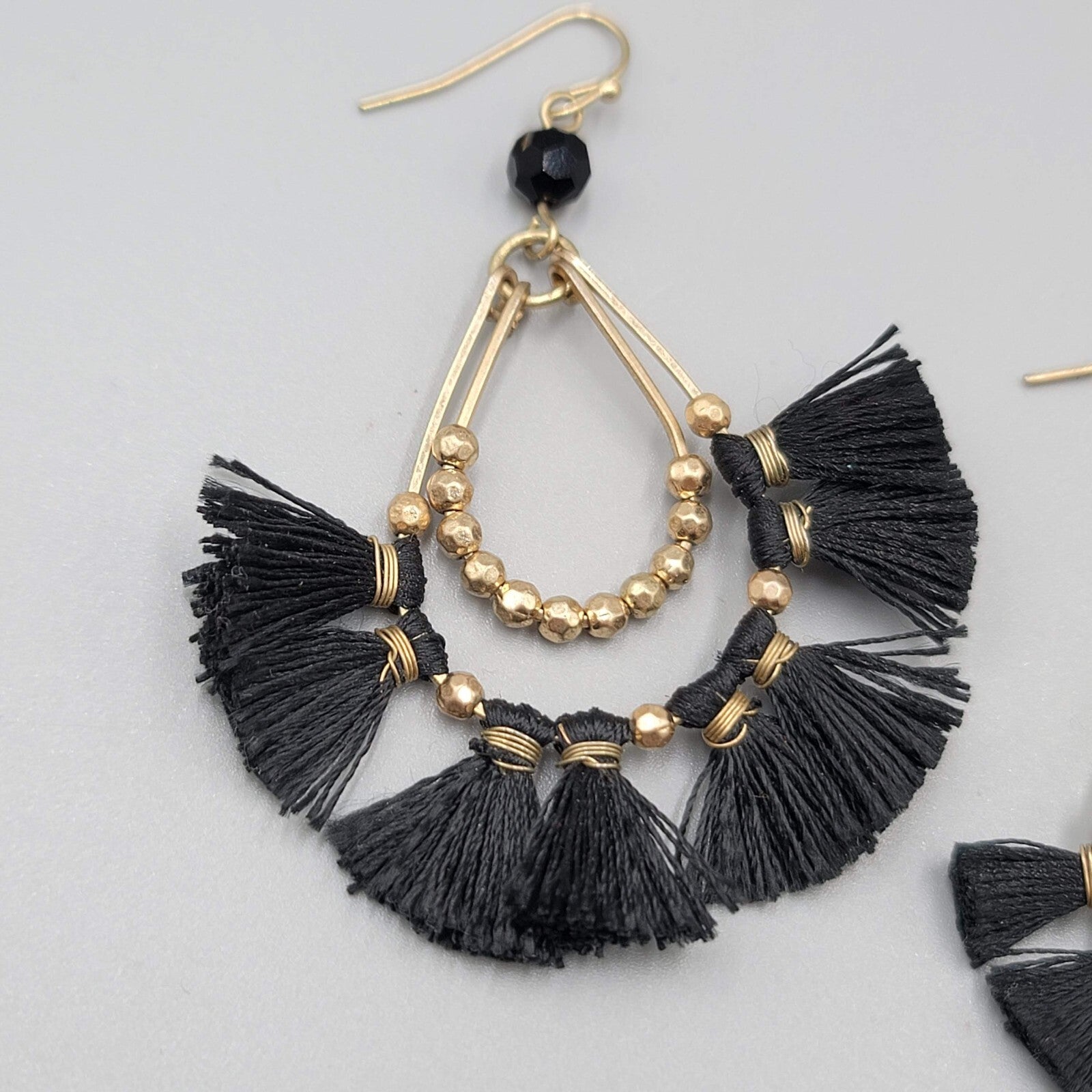 Pierced Earrings Gold tone Black Tassel Teardrop Dangle 2.5"