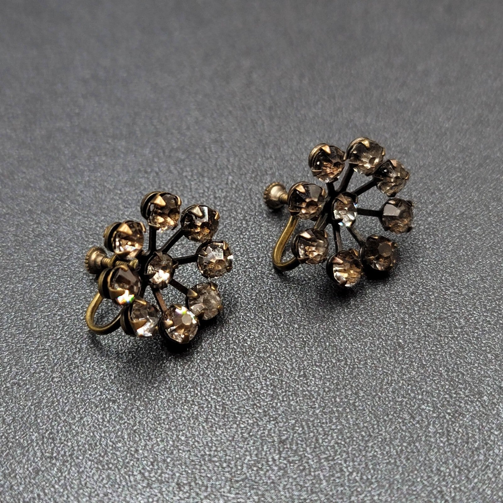 Vintage Clip on Earrings Screw Back Gray Rhinestones 3/4"