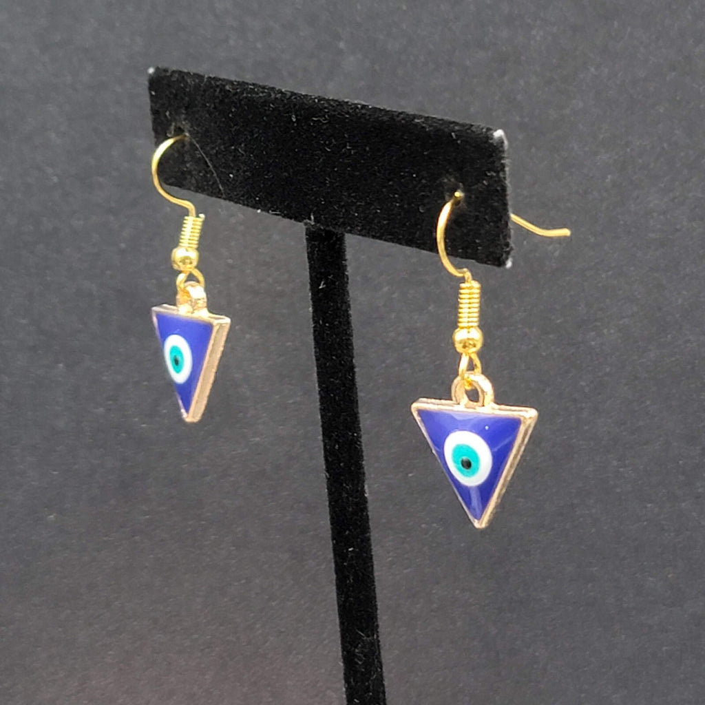 Pierced Earrings Gold tone Enamel Evil Eye Triangle Dangle 5/8"