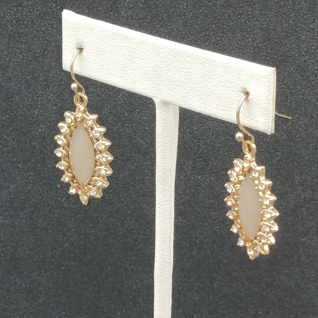 Pierced Earrings Gold tone Acrylic Center Crystal Studded Dangle 1"