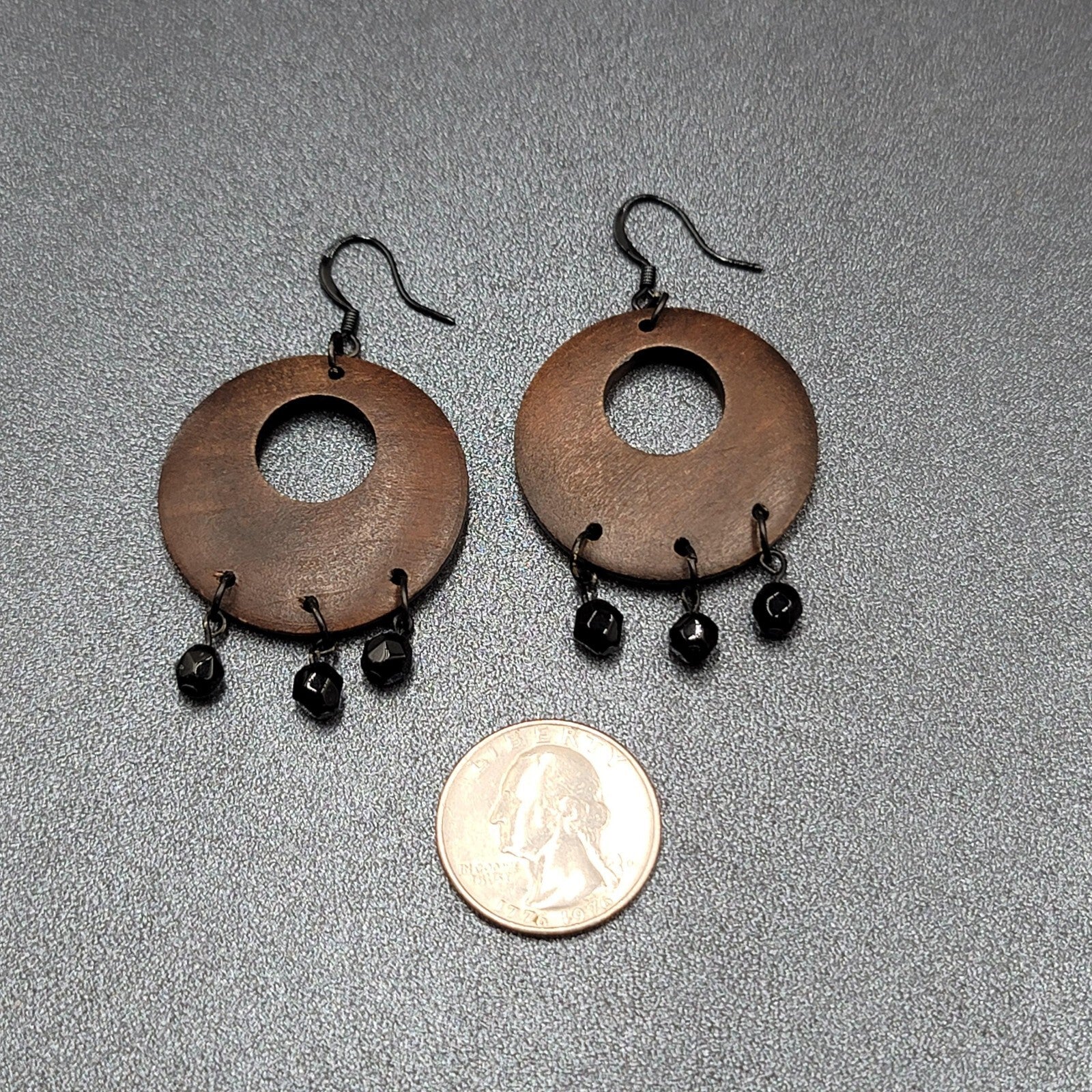 Pierced Earrings Black Metal Round Wood Black Beads Dangle 1.75"