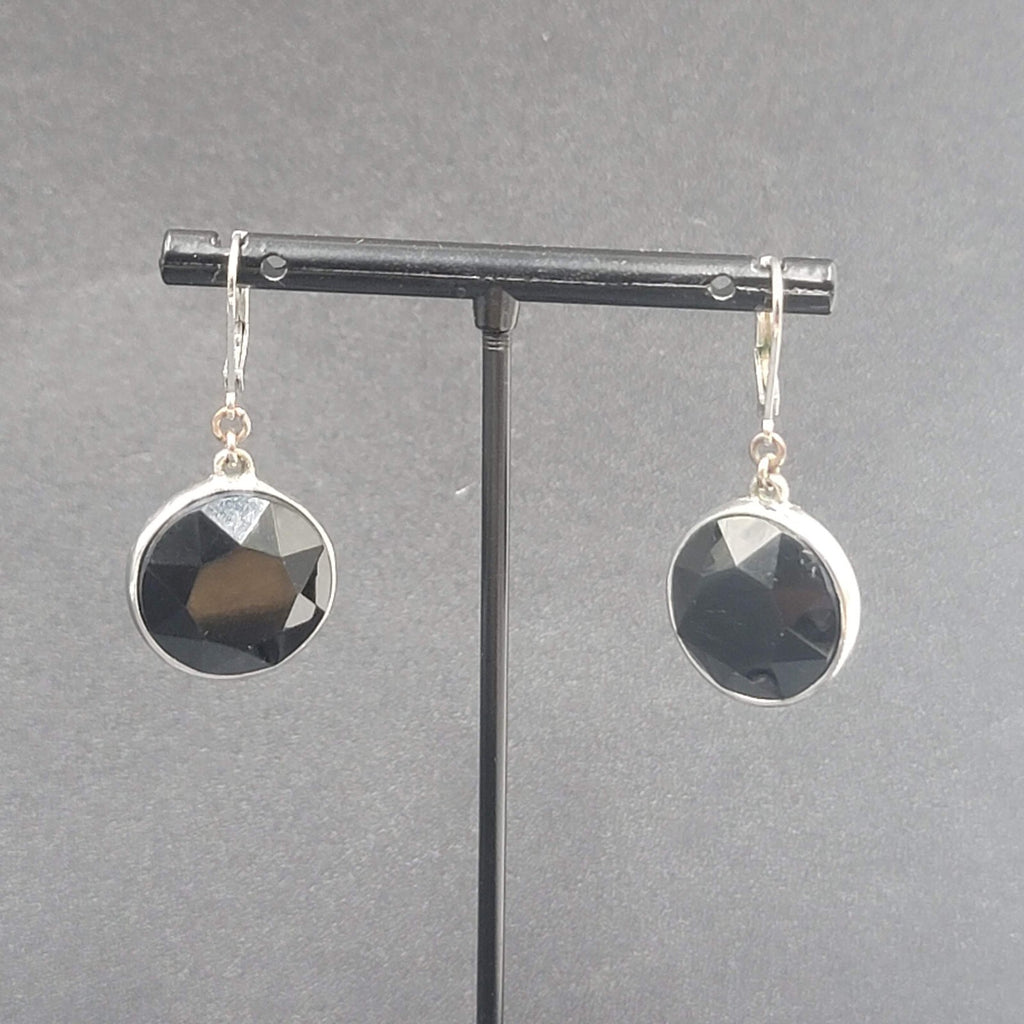 Pierced Earrings Silver tone Acrylic Black Faceted Dangle 1"