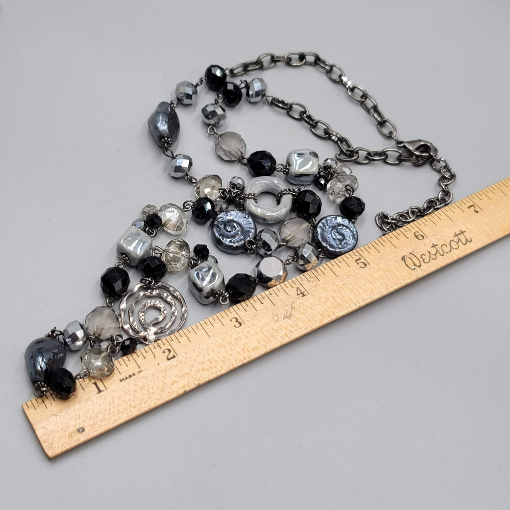Youmi K Necklace Gunmetal Gray Metal Black Silver tone Beads 32"