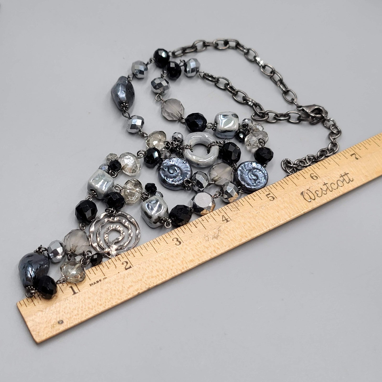 Youmi K Necklace Gunmetal Gray Metal Black Silver tone Beads 32"