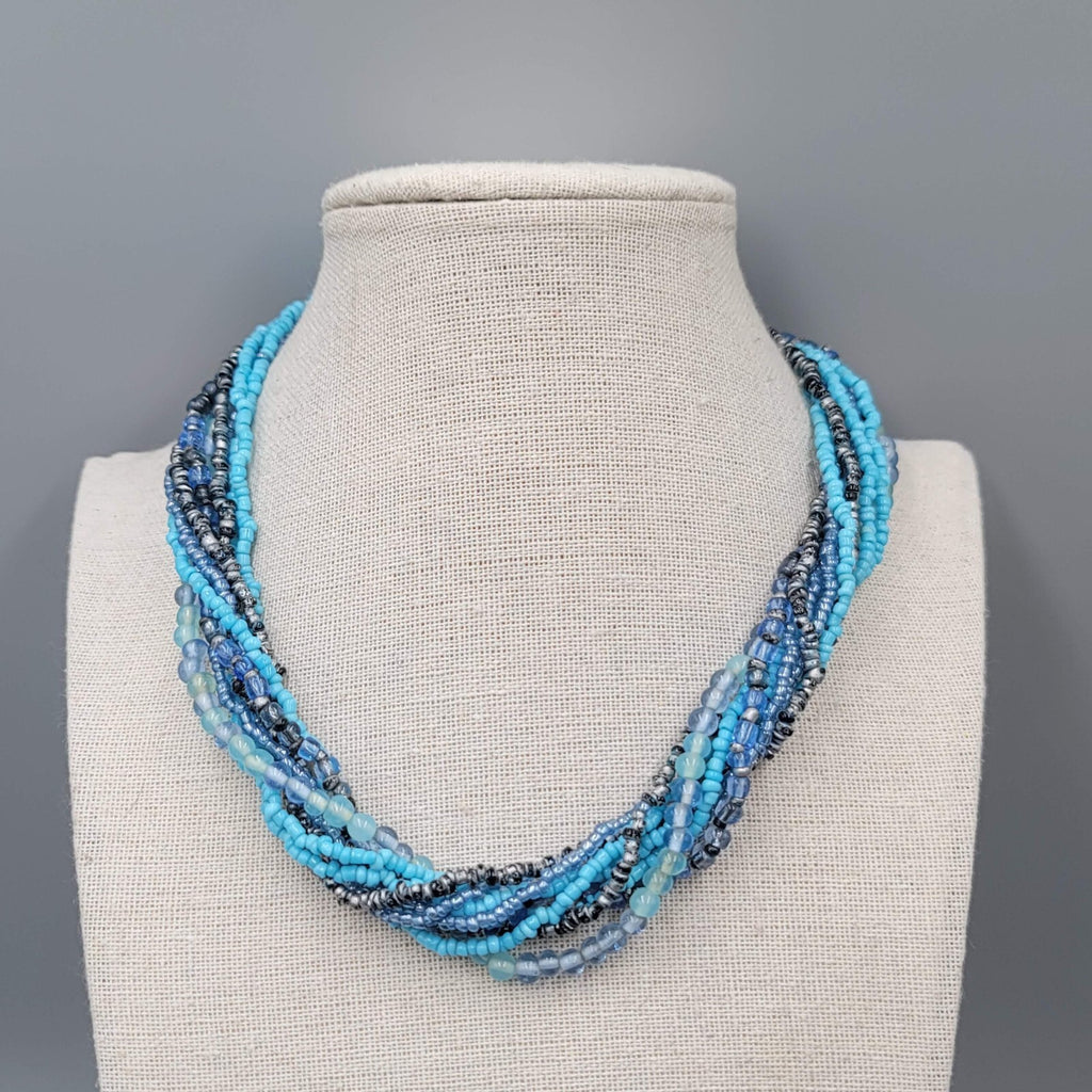 Multi Strand Blue Bead Twist Necklace Layered Silver tone 14"-17"