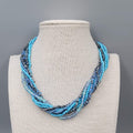 Multi Strand Blue Bead Twist Necklace Layered Silver tone 14"-17"