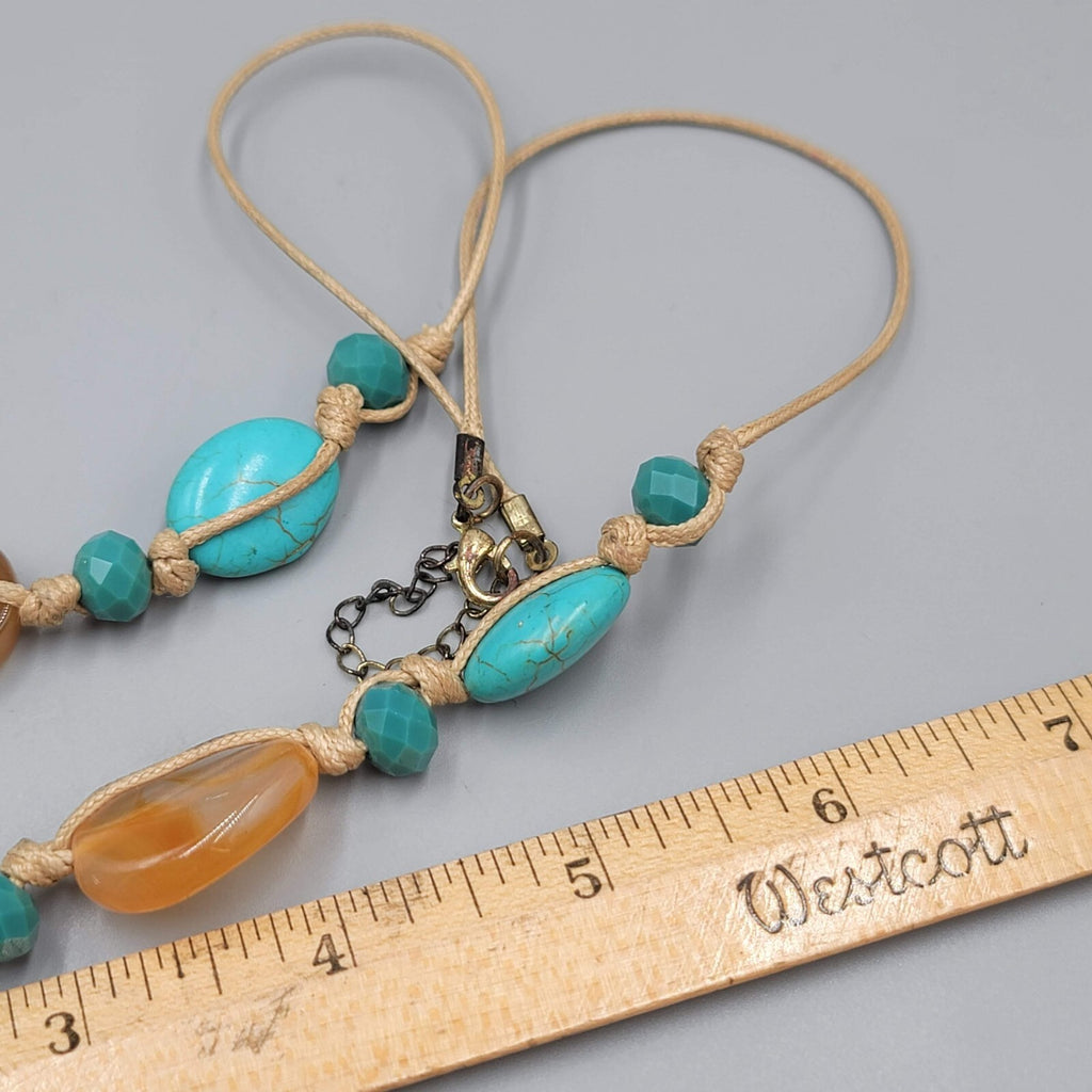 Cord Necklace Blue and Orange Semi-Precious Polished Gemstones 24"+