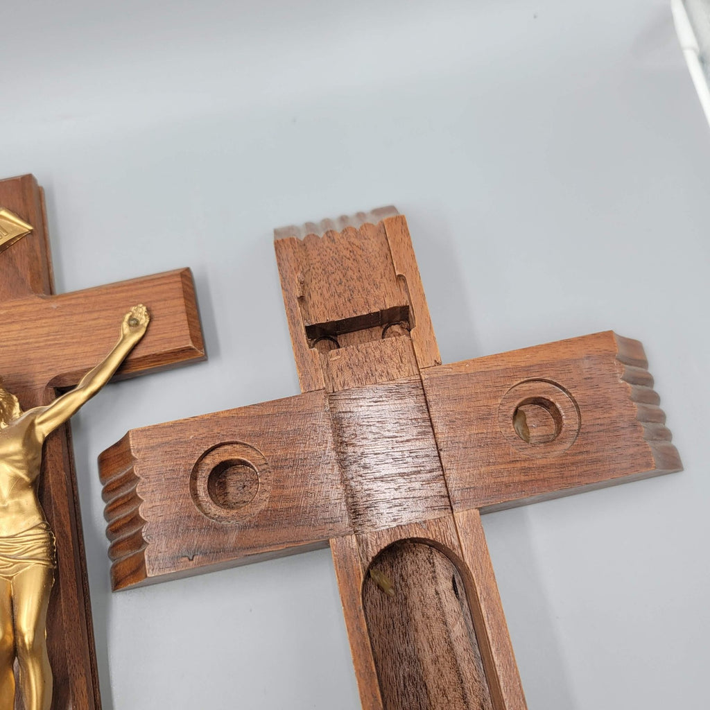 Catholic Wall Crucifix Sick Call Set Wooden Cross INRI with Holy Water Vial 14"