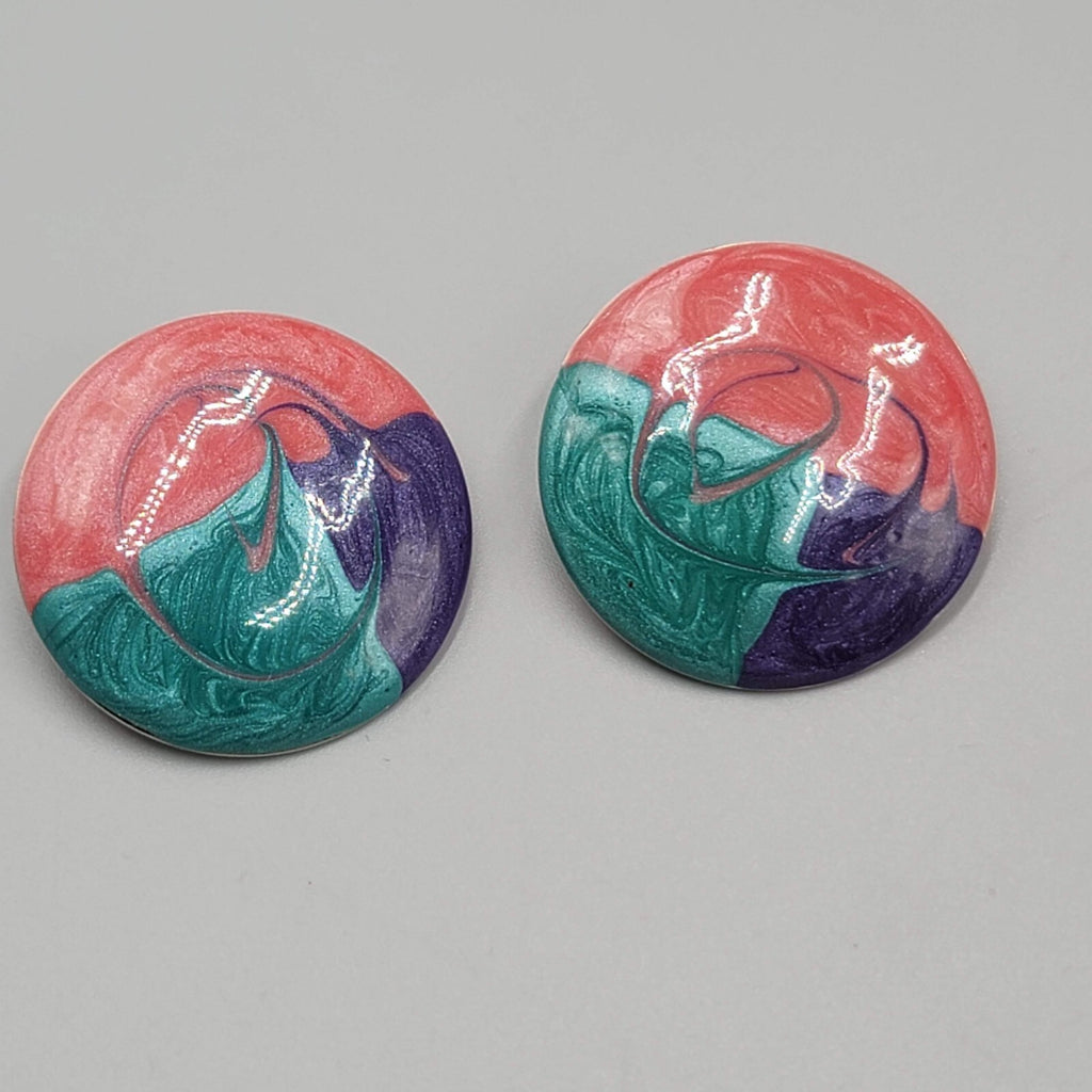 Vintage Round Enamel Pierced Earrings Pink Purple Teal Drop 1.25"