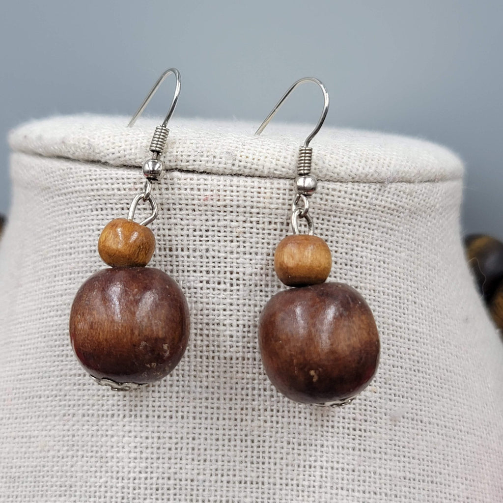Wood Necklace Pierced Earrings Jewelry Set Large Bead Statement 18"-20"