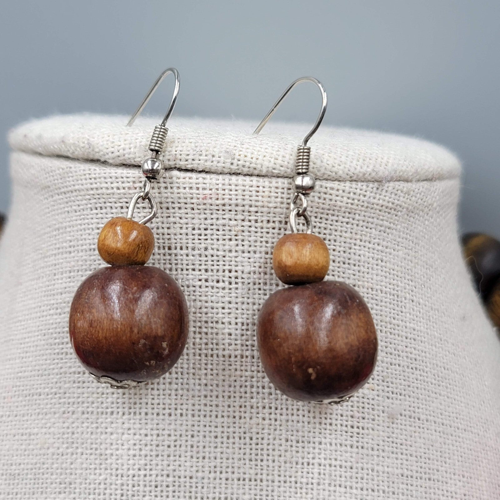 Wood Necklace Pierced Earrings Jewelry Set Large Bead Statement 18"-20"