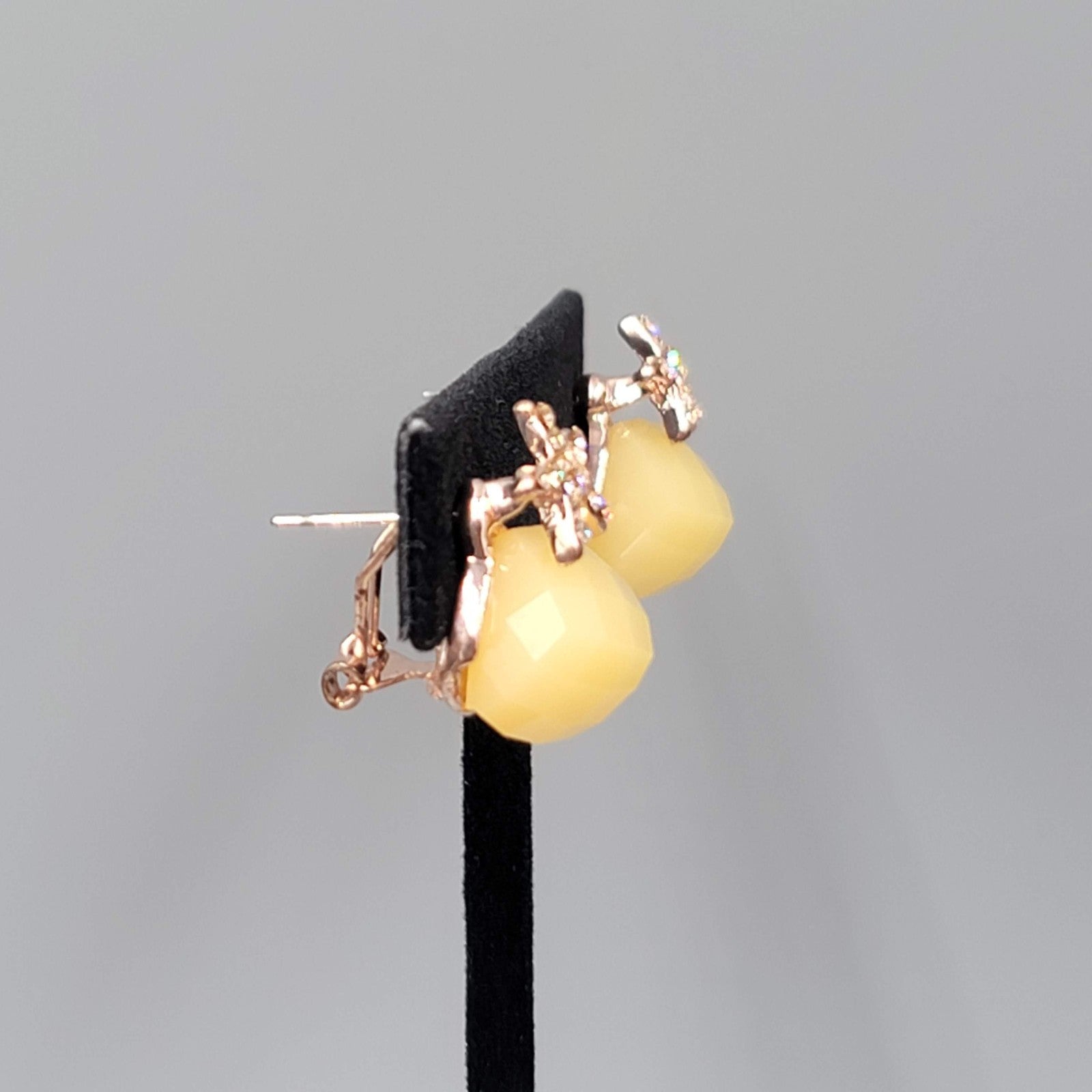 Rose Gold tone Pierced Earrings Yellow Square Drop 7/8"