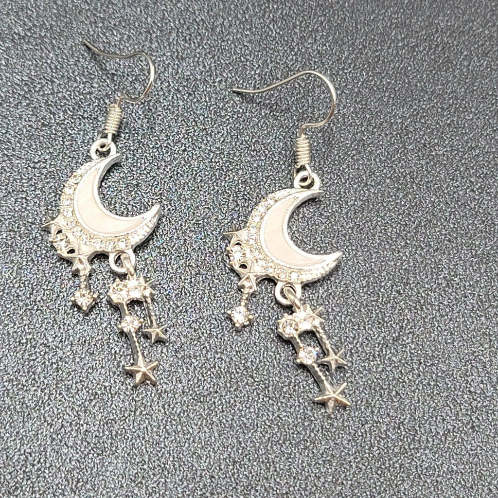 Moon Pierced Earrings Silver tone Crystal Rhinestone Dangle 1.5"
