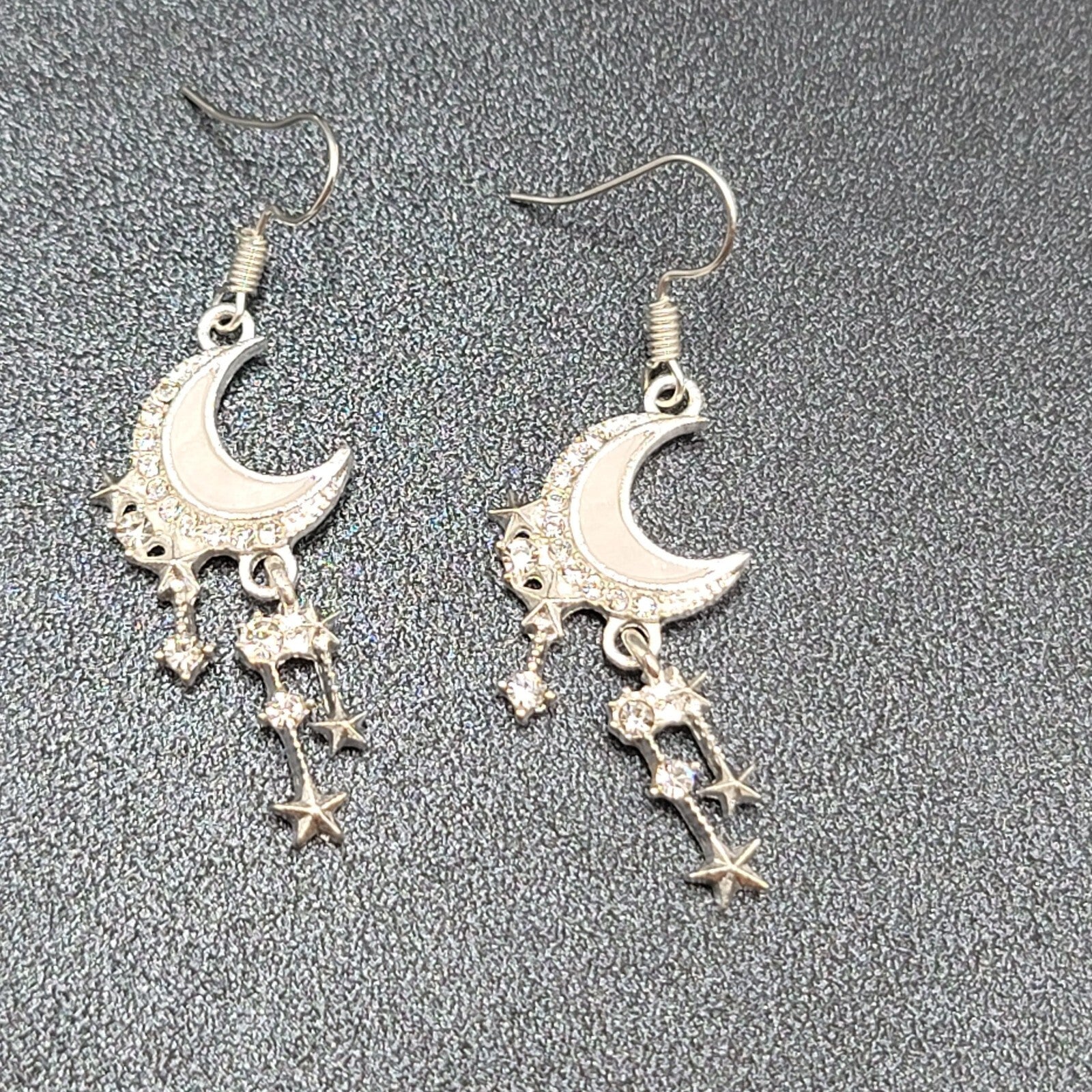 Moon Pierced Earrings Silver tone Crystal Rhinestone Dangle 1.5"