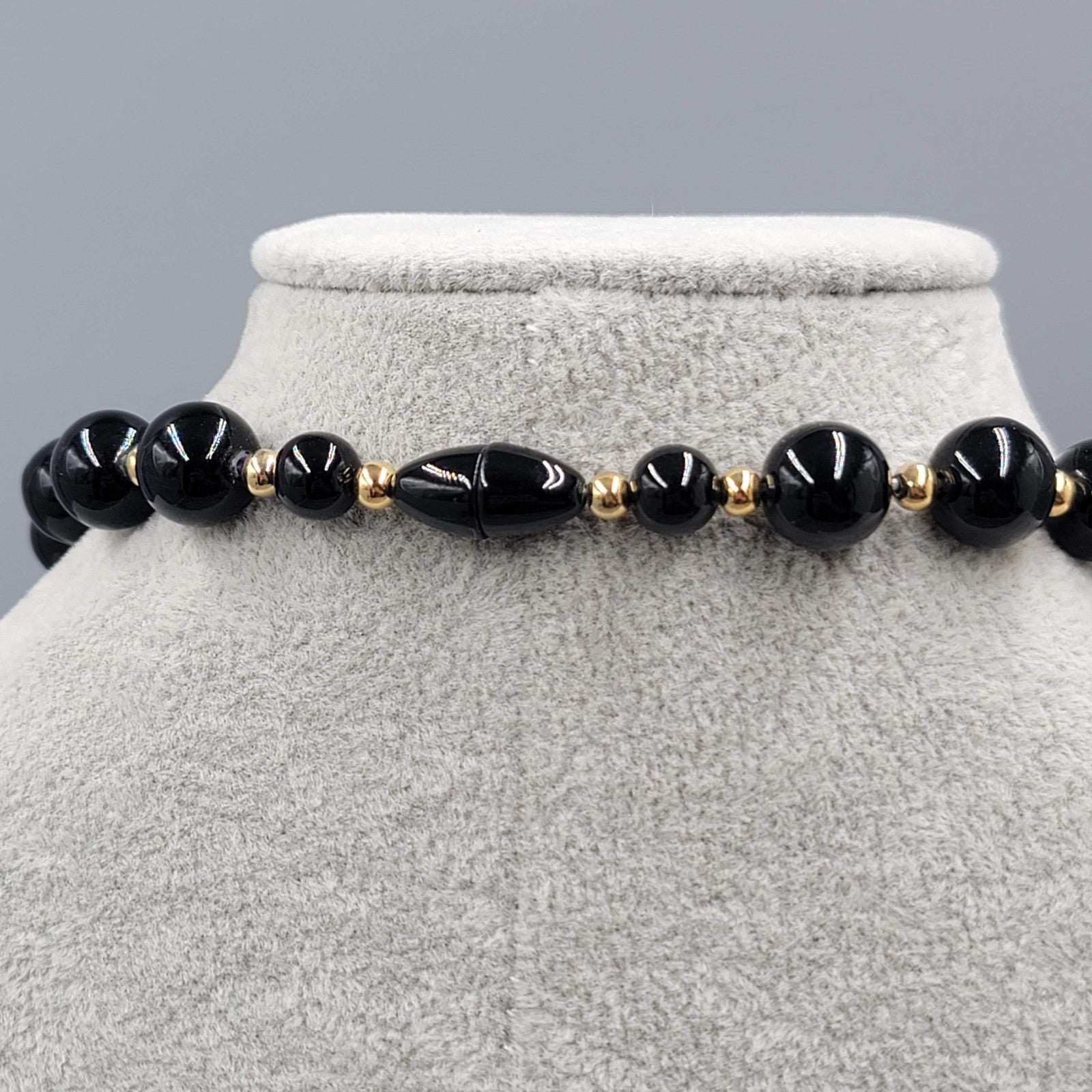 Vintage Hidden Clasp Necklace Graduated Black Bead Gold tone Spacers 24"