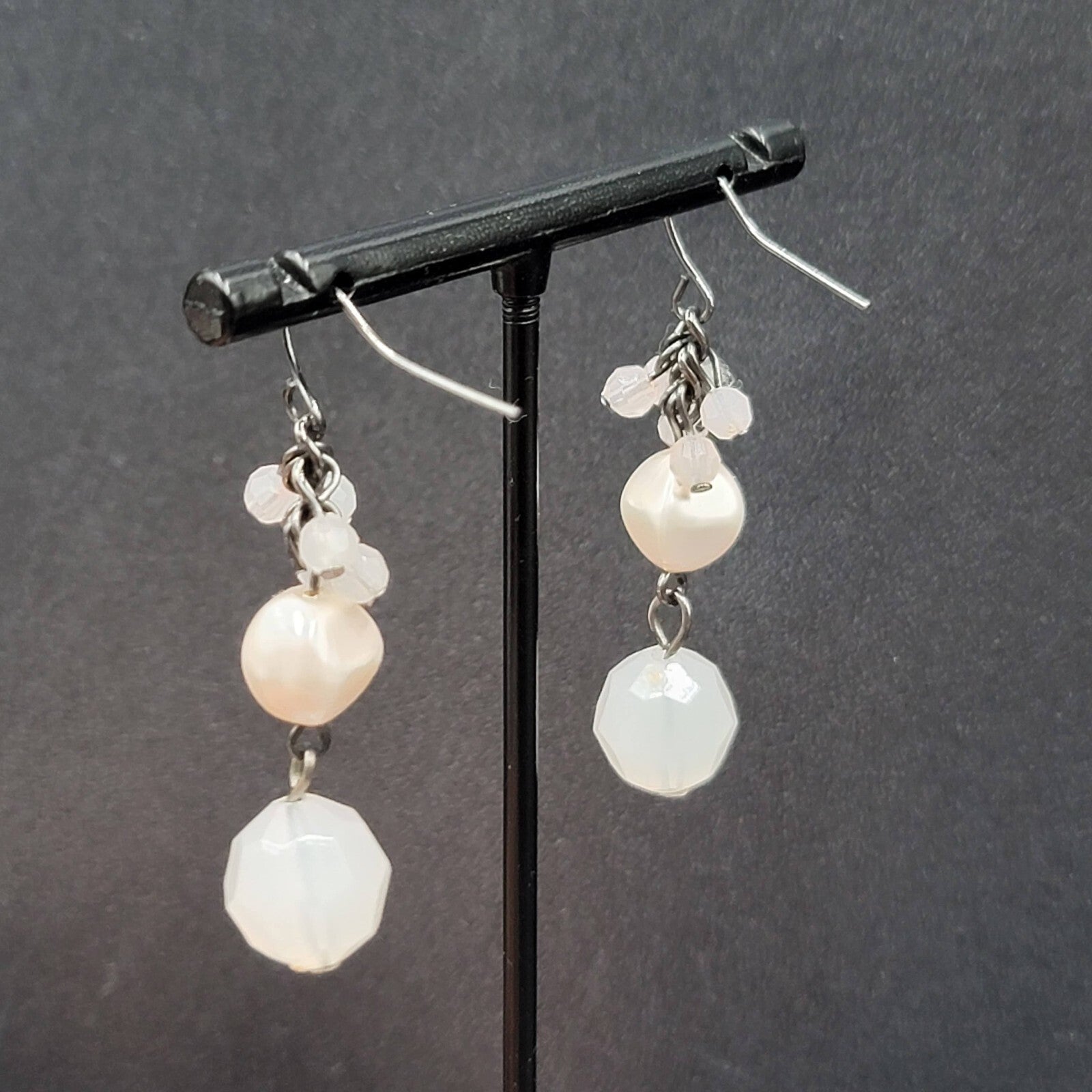 Pierced Earrings Black Metal Pale Pink Beads Dangle 1.5"