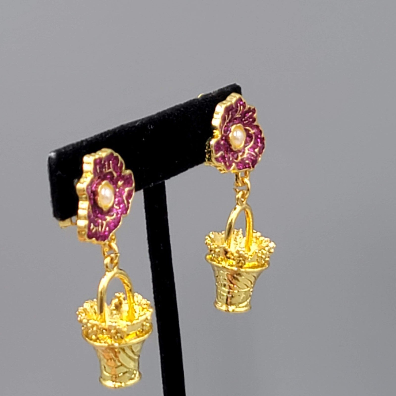 Vintage Pink Enamel Flower Clip on Earrings Gold tone Dangle Basket 1.75"