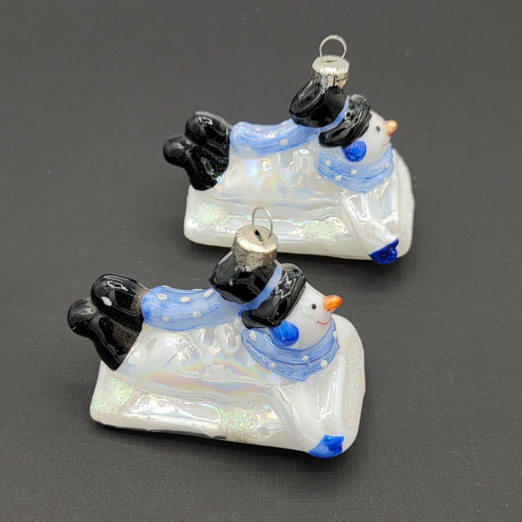 Snowman Christmas Ornament Glass Sledding Colorful Glitter Lot of 2