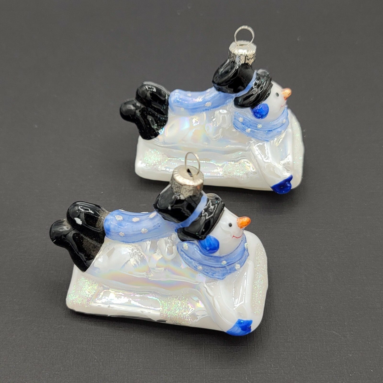 Snowman Christmas Ornament Glass Sledding Colorful Glitter Lot of 2