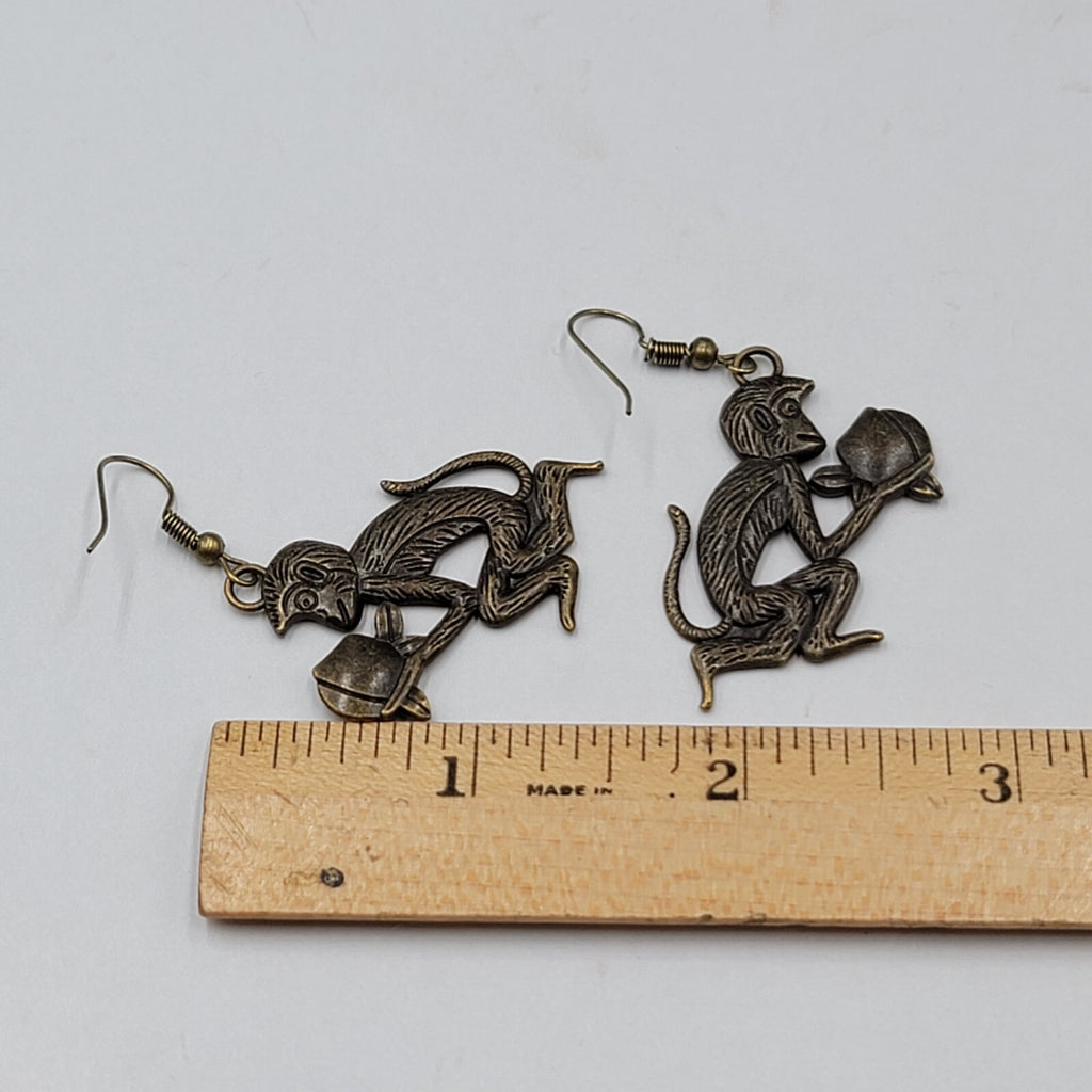 New Monkey Pierced Earrings Bronze tone Dangle 1.25"