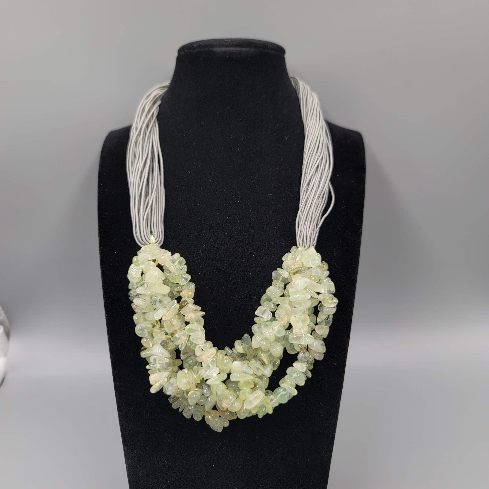 Artisan Light Green Stone Cluster Statement Necklace Multi Strand Gray Cord 20"