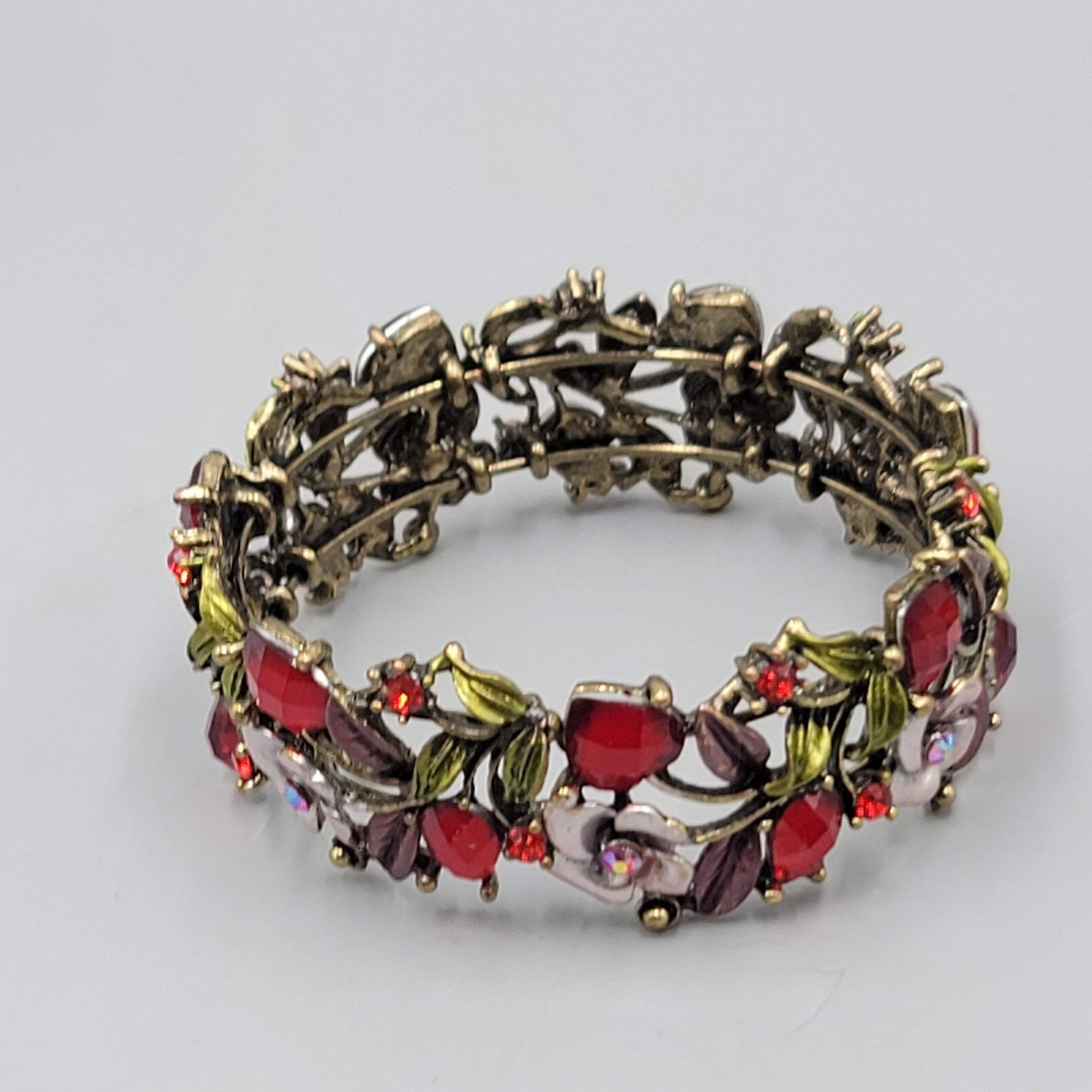 Pink Enamel Rhinestones Flowers Bracelet Bronze tone 7 in