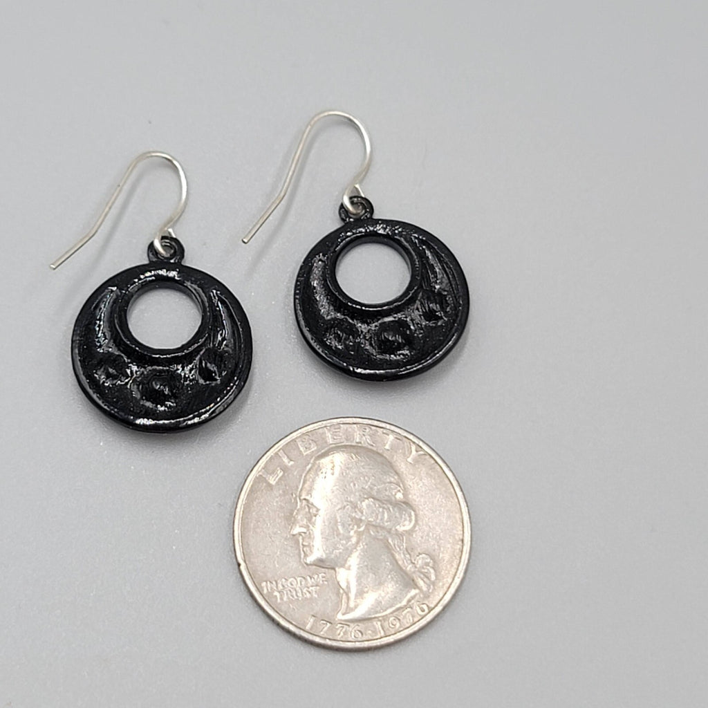 Pierced Earrings Black Enamel AB Rhinestone Silver tone Dangle 7/8"