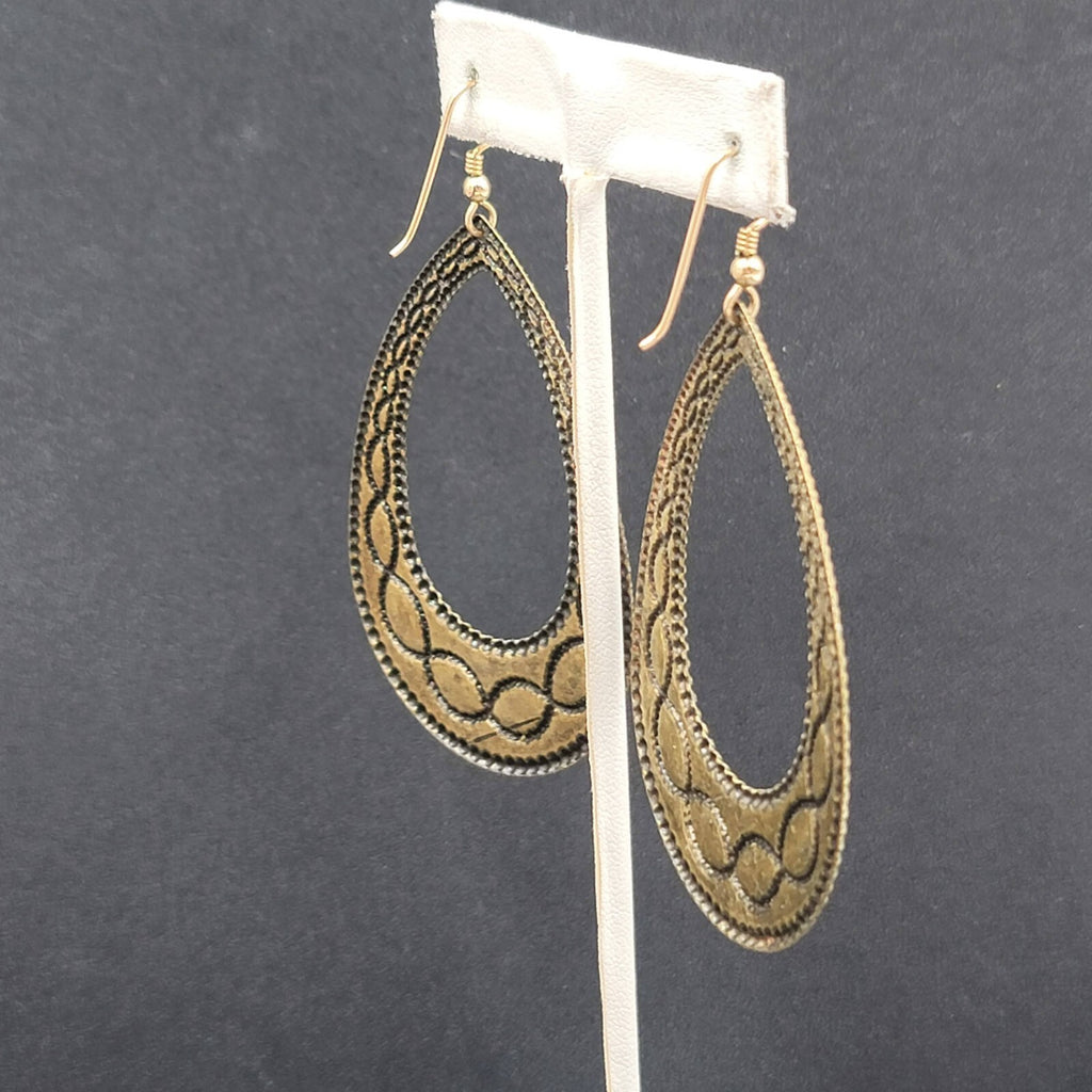 Pierced Earrings Bronze tone Blue Enamel Teardrop Hoops Large Dangle 2.75"