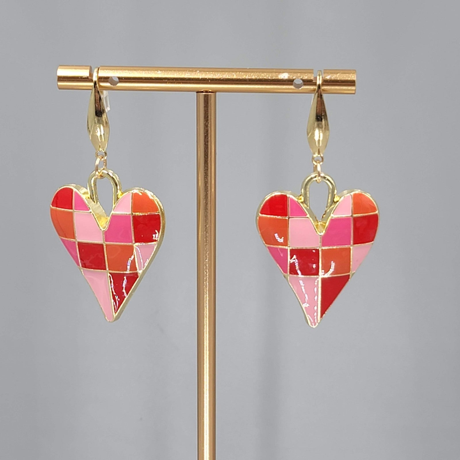 Pink Enamel Checkered Heart Pierced Earrings Gold tone Dangle Large 1.5"