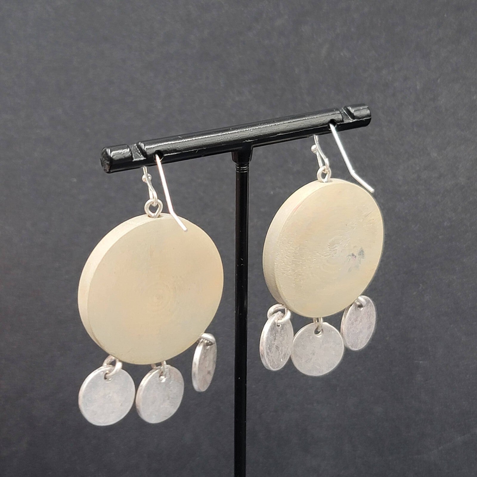 Pierced Earrings Round Wood Silver tone Discs 1.75"