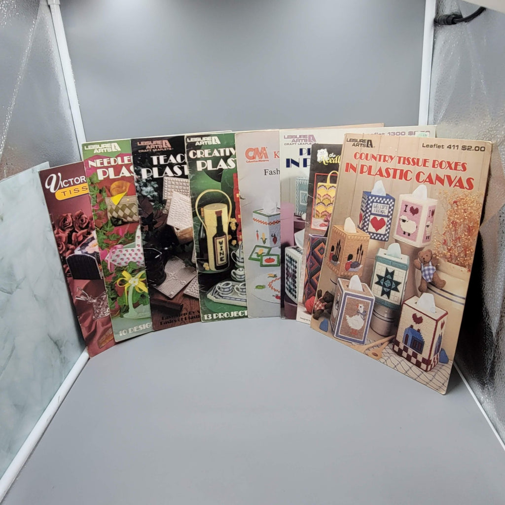 Vintage Plastic Canvas Pattern Book Lot Tissue Box Kitchen Basket Tote 80s Craft